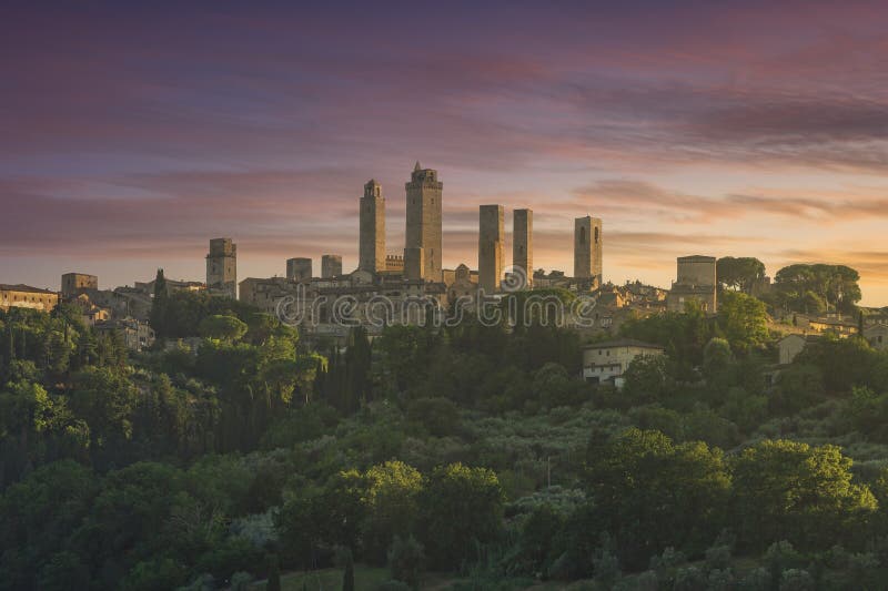 The Medieval Towers Of The Village Of San Gimignano At Sunset Tuscany Italy Stock Image