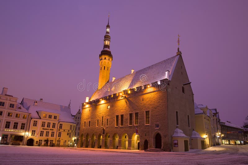 Medieval Town Hall on the central square of the old town, early morning, Tallinn