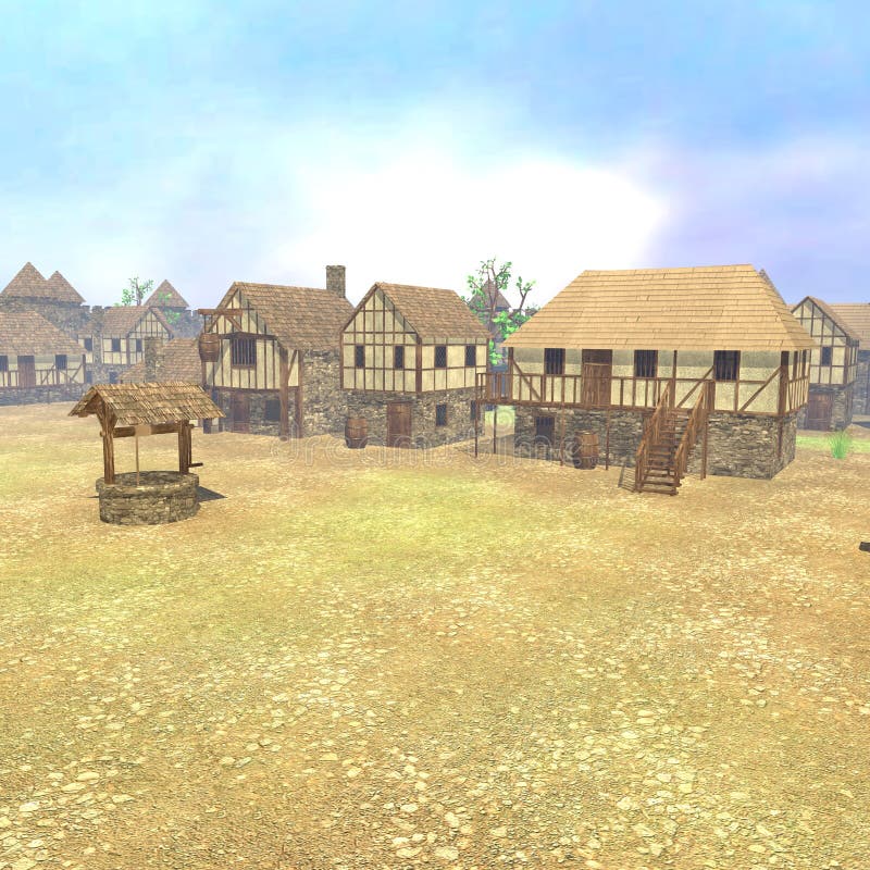 Medieval town render. 3d render of medieval town courtyard stock illustration Medieval town render. 3d render of medieval town courtyard stock illustration