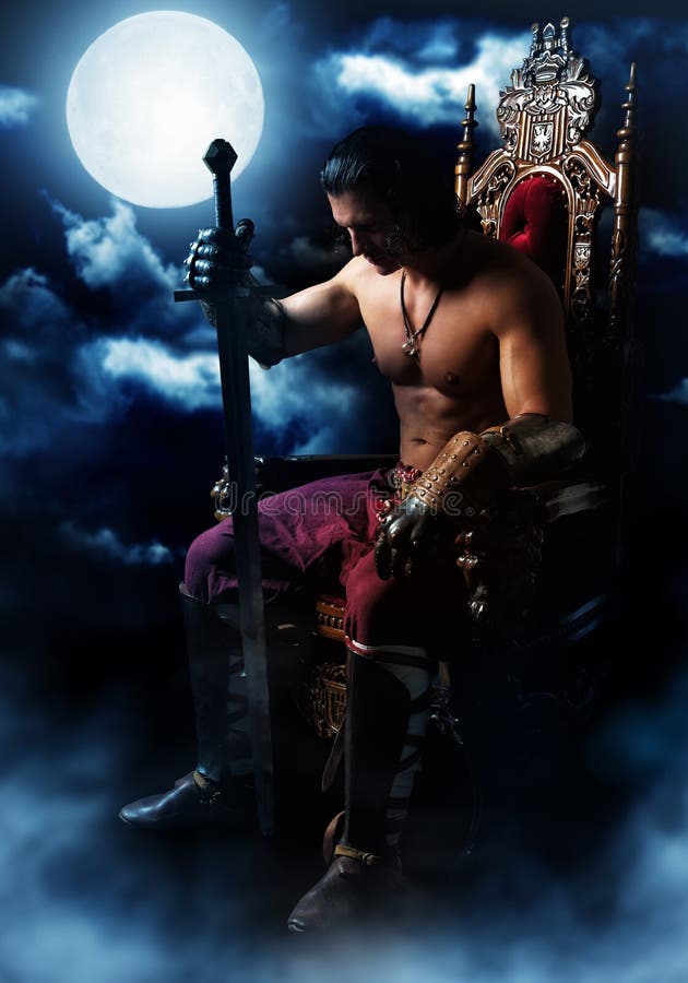Medieval warrior on the throne on background of the moon stock photography Medieval warrior on the throne on background of the moon stock photography
