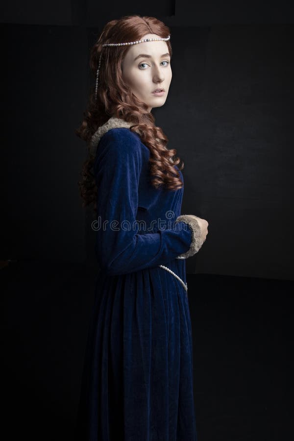 Medieval Woman in a Blue Velvet Dress ...