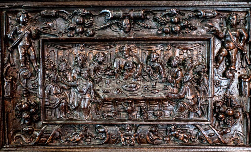 Medieval wood carving of The Last Supper