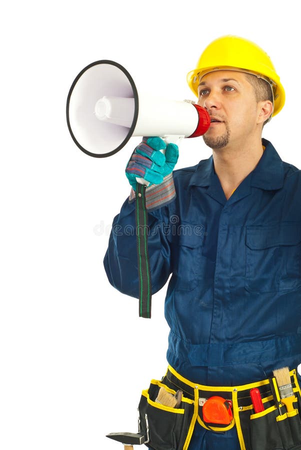 Medio volwassen de schreeuwmegafoon van de mensenarbeider stock fotografie Medio volwassen de schreeuwmegafoon van de mensenarbeider stock fotografie