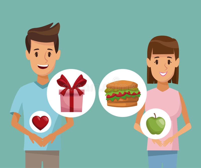 Medios hombre de los pares del cuerpo del cartel colorido y mujer e icono de los regalos sanos de la comida de los elementos stock de ilustración Medios hombre de los pares del cuerpo del cartel colorido y mujer e icono de los regalos sanos de la comida de los elementos stock de ilustración