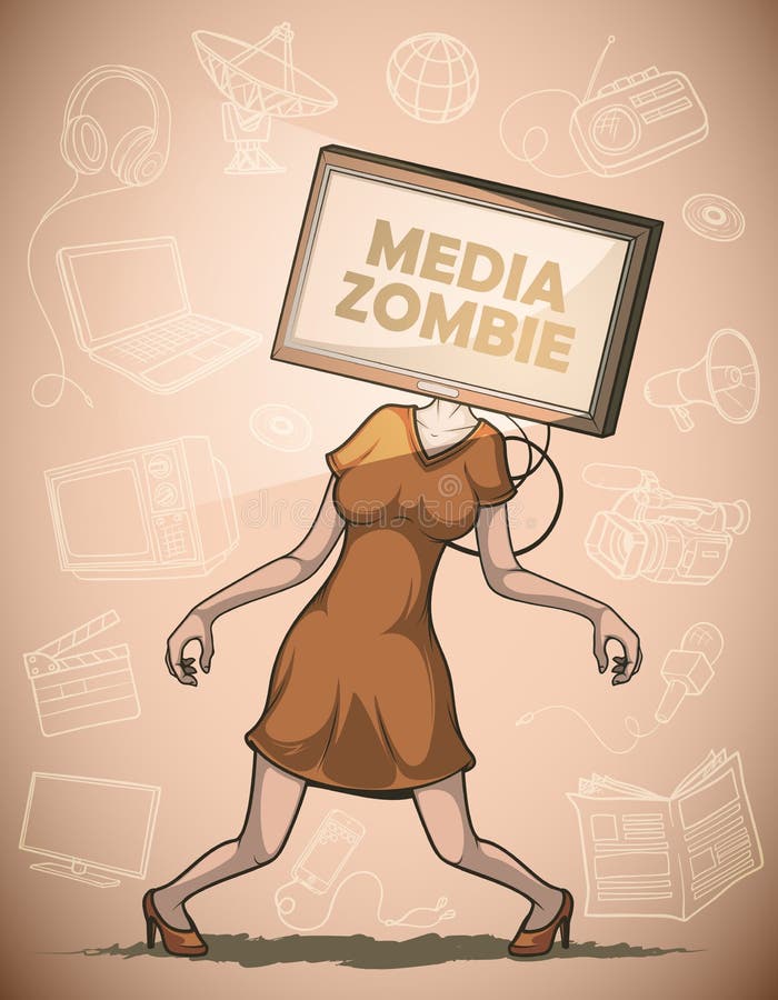 Medios zombis con la pantalla plana TV en vez de la cabeza stock de ilustración Medios zombis con la pantalla plana TV en vez de la cabeza stock de ilustración