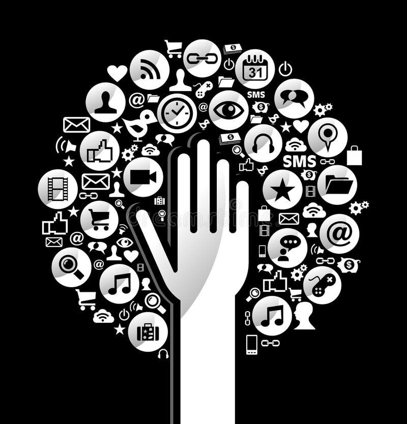 Medios árbol social global de la mano stock de ilustración Medios árbol social global de la mano stock de ilustración