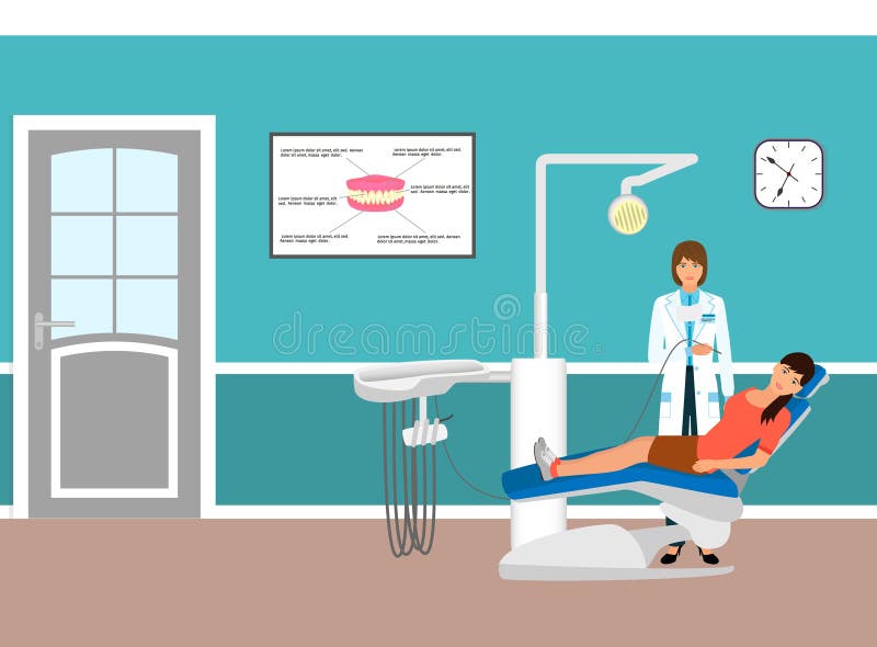 Medische arts en patiënt op leunstoel in tandartsenbureau Vrouw in tandkliniek Het concept van de geneeskundezorg stock illustratie Medische arts en patiënt op leunstoel in tandartsenbureau Vrouw in tandkliniek Het concept van de geneeskundezorg stock illustratie