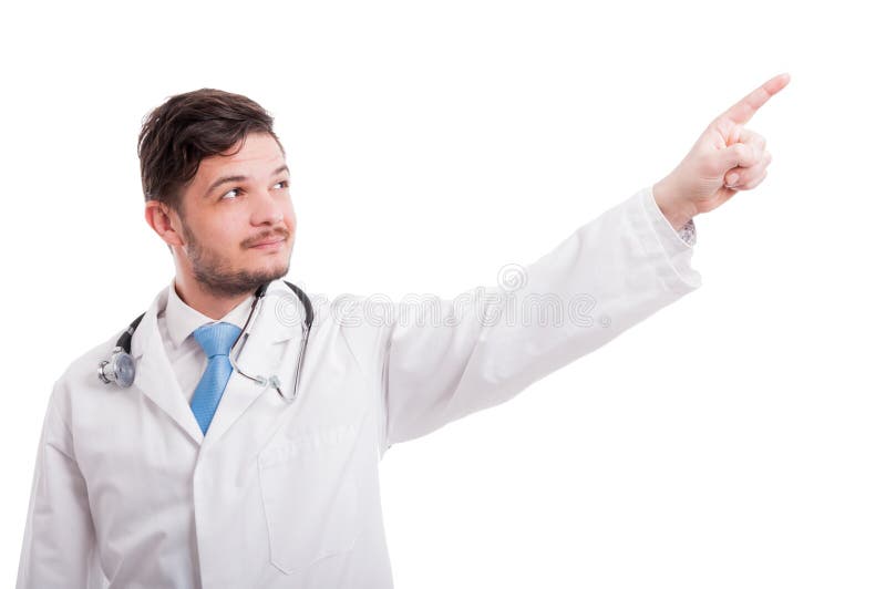 Medische arts met omhoog de vinger van het stethoscooppunt royalty-vrije stock afbeelding Medische arts met omhoog de vinger van het stethoscooppunt royalty-vrije stock afbeelding