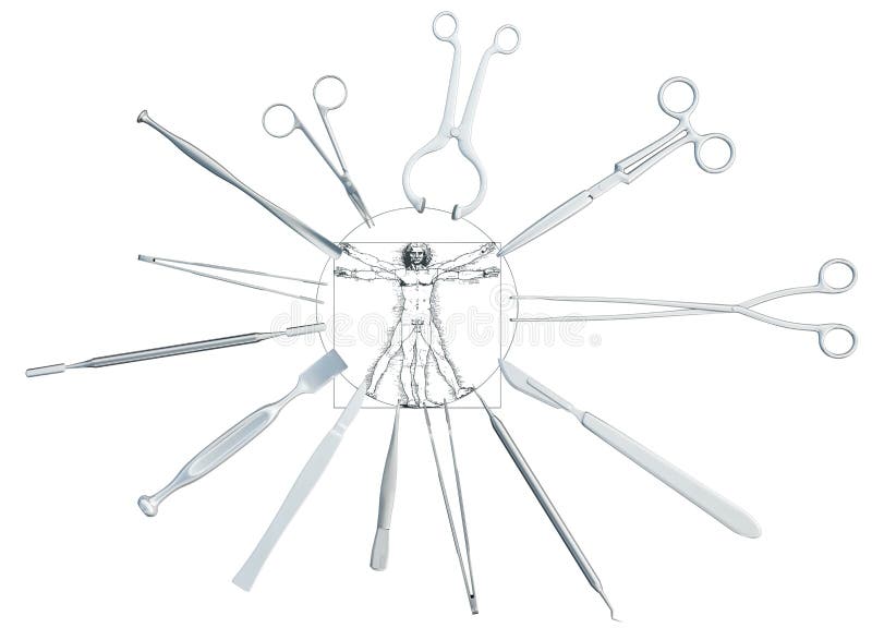 Medische chirurgische instrumenten rond het beeld van de vitruvian mens 3D Illustratie stock illustratie Medische chirurgische instrumenten rond het beeld van de vitruvian mens 3D Illustratie stock illustratie