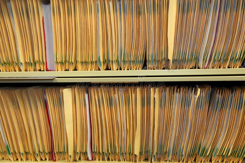 Medical records in the shelf of physicians office. Medical records in the shelf of physicians office