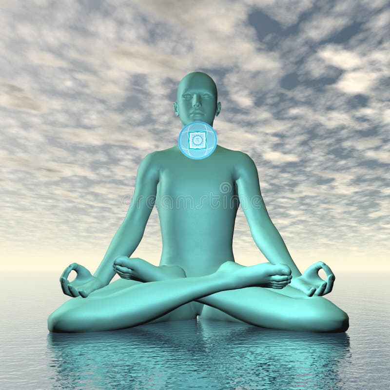 Silhouette of a man meditating with blue vishuddhi,vishuddha or throat chakra symbol upon ocean in cloudy background - 3D render. Silhouette of a man meditating with blue vishuddhi,vishuddha or throat chakra symbol upon ocean in cloudy background - 3D render