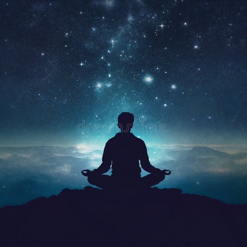 Meditating Person Silhouette, Night Sky on Background. AI Generative ...