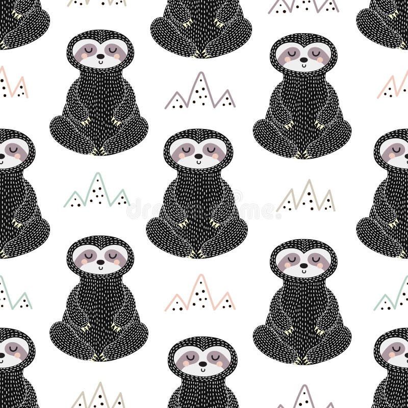 Meditating Sloth Seamless Pattern Stock Vector - Illustration of