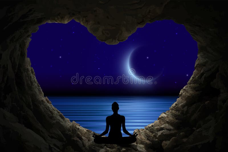 Meditation i en grotta som håller ögonen på den midnatta himlen med stjärnor och den nya månen, ljus reflexion i vattentapet