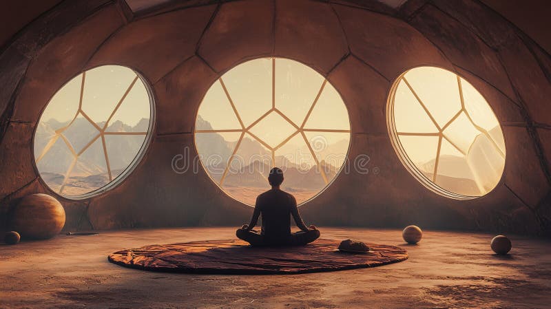 Meditation retreat in a sci-fi dome on mars a journey of tranquility and self-discovery in a futuristic thai colony setting vector illustration