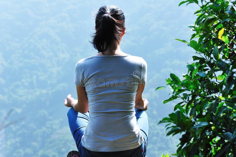 Meditation Yoga Mountain Top Stock Photo Image of female, backpack