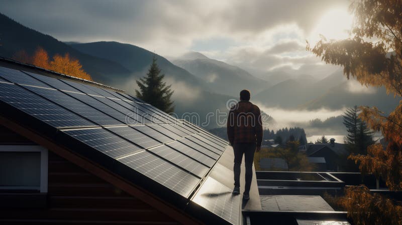 Meditativ man som går på en tak utrustad med solpaneler som tittar på foggy-höstlandskapet. generativ ai royaltyfri illustrationer