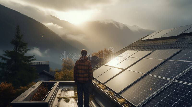 Meditativ man som står på en tak utrustad med solpaneler vid solnedgången och tittar på höstlandskapet i dimma. generativ ai vektor illustrationer