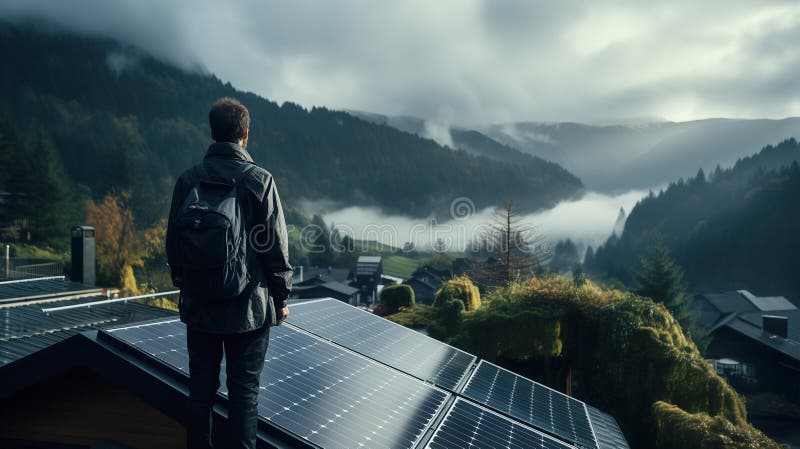 Meditativ turist på taket utrustad med solpaneler som tittar på foggy liggande. generativ ai vektor illustrationer