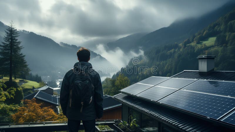 Meditativ turist på taket utrustad med solpaneler som tittar på foggy liggande. generativ ai vektor illustrationer