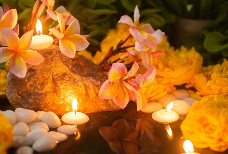 Relaxing Atmosphere with Candlelight, Flowers and Moisture Stock Image