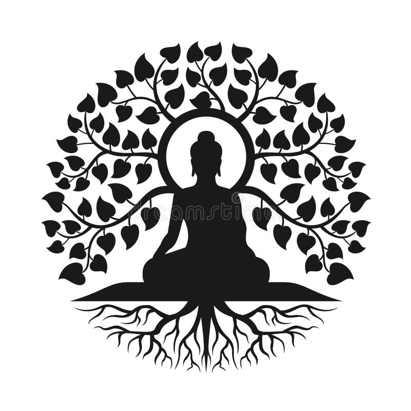 Meditazione di Buddha nero su un albero bodhi con foglie e cerchi astratti