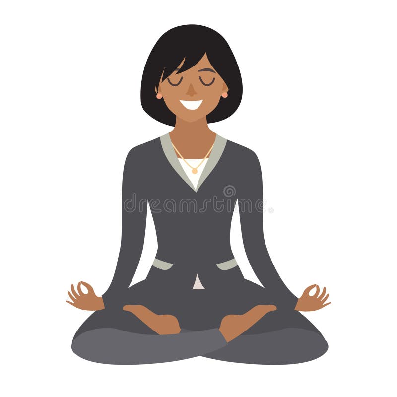 meditera kvinna för affär Begrepp av den lugna affären, arbete på kontoret Afrikansk amerikanaffärskvinnan i yoga poserar