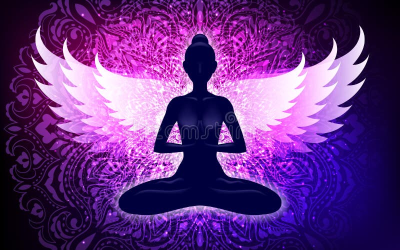 Meditera kvinnan med vingar i lotusblomma posera Yogaillustration