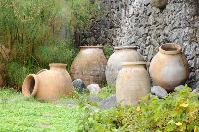 Mediterranean amphoras in the garden. Canary Island Tenerife, Spain. Mediterranean amphoras in the garden. Canary Island Tenerife, Spain