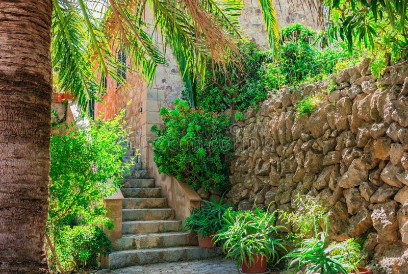 Mediterranean garden courtyard with natural stone wall and staircase. Mediterranean garden courtyard with natural stone wall and staircase.