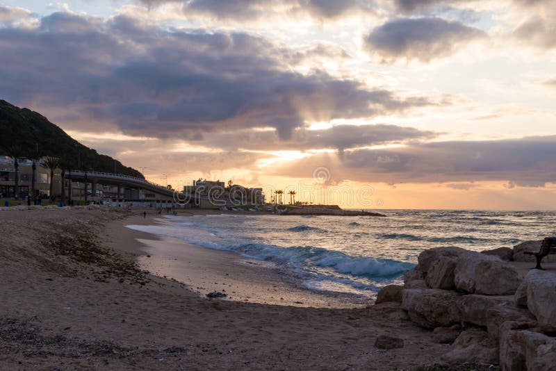 Mediterranean Cost at Haifa, Israel Stock Image Image of dawn, yellow