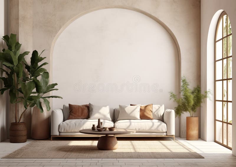 Mediterranean gate wall with large arched window, Santorini Interior of modern living room with sofa