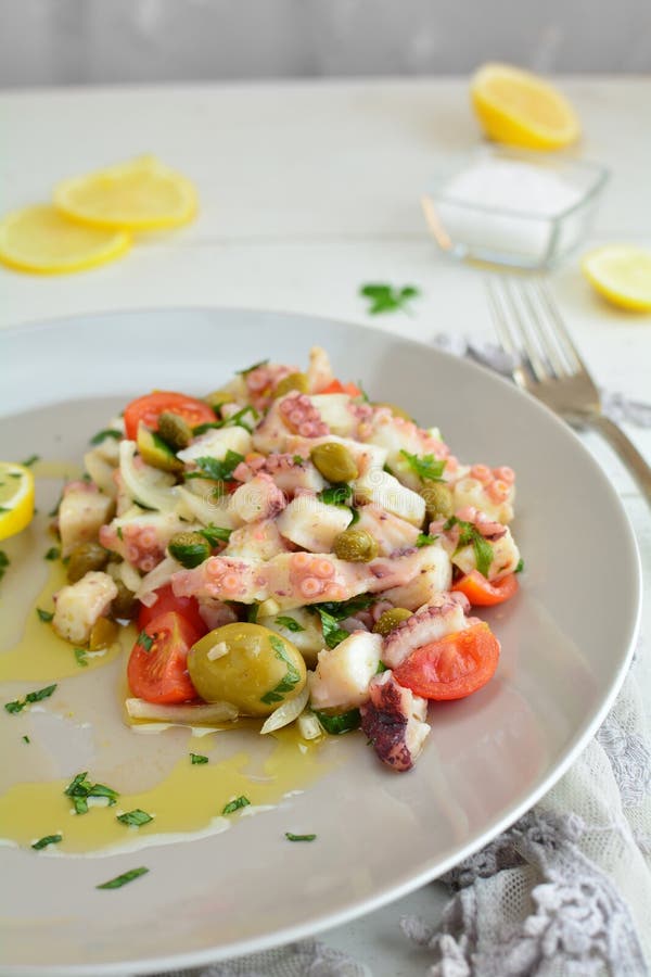 Mediterranean Octopus Salad with Olive Oil, Garlic, and Herbs Stock ...