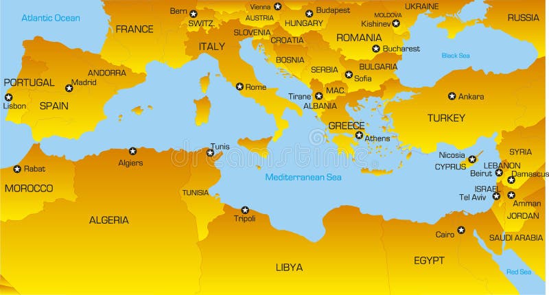 Vektorové barevné mapy Středomořských zemích regionu.