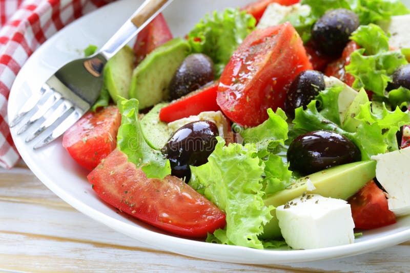 Mediterranean Salad with Black Olives, Lettuce, Cheese Stock Image