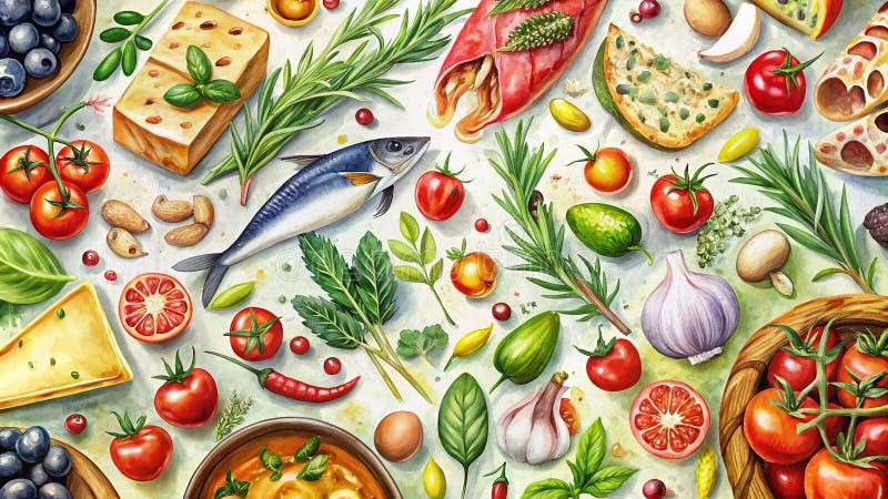 Mediterranes Aquarell-Lebensmittel-Muster: Ein Fest für Augen und Gaumen - Frische Kräuter, lebendige Früchte und kulinarische Kös lizenzfreie abbildung