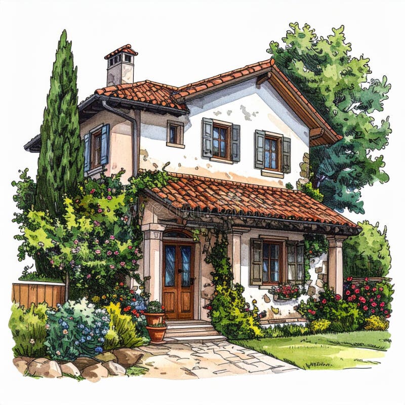 Mediterranes Haus Illustration mit Garten lizenzfreie abbildung