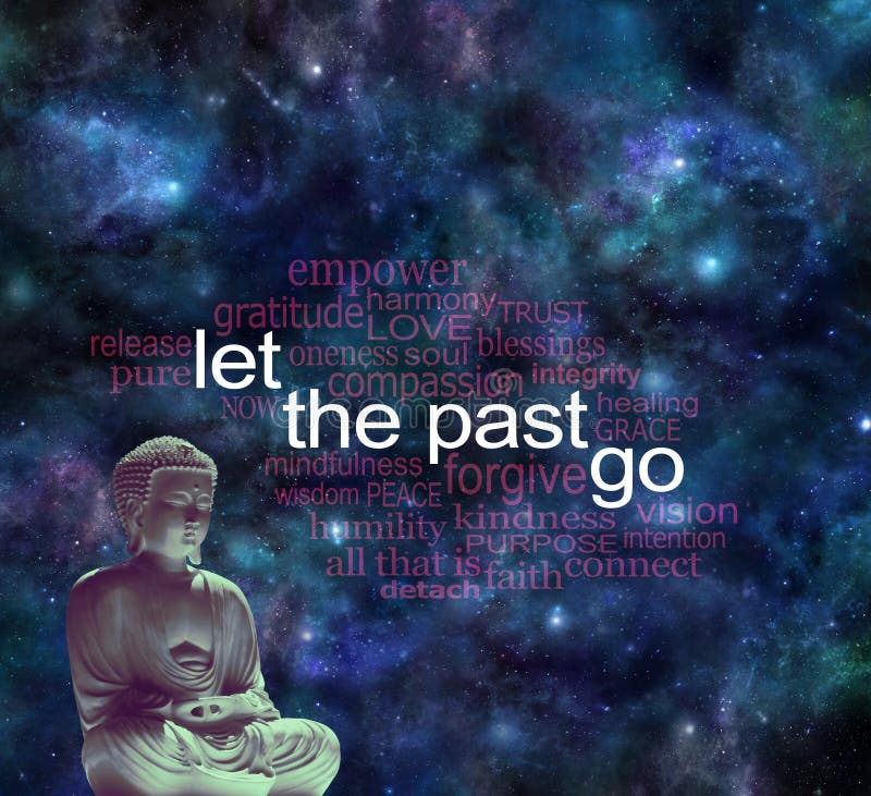 Dark night sky deep space background with a meditating seated Buddha statue and LET THE PAST GO word cloud drifting away. Dark night sky deep space background with a meditating seated Buddha statue and LET THE PAST GO word cloud drifting away