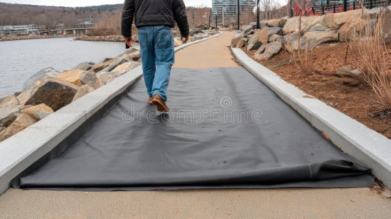 Medium shot of a biodegradable barrier being installed along a walking path highlighting environmentally conscious royalty free stock image
