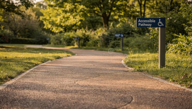 Medium shot capturing an outdoor accessible pathway winding through a lush park clear signage and textured surface in royalty free stock photography