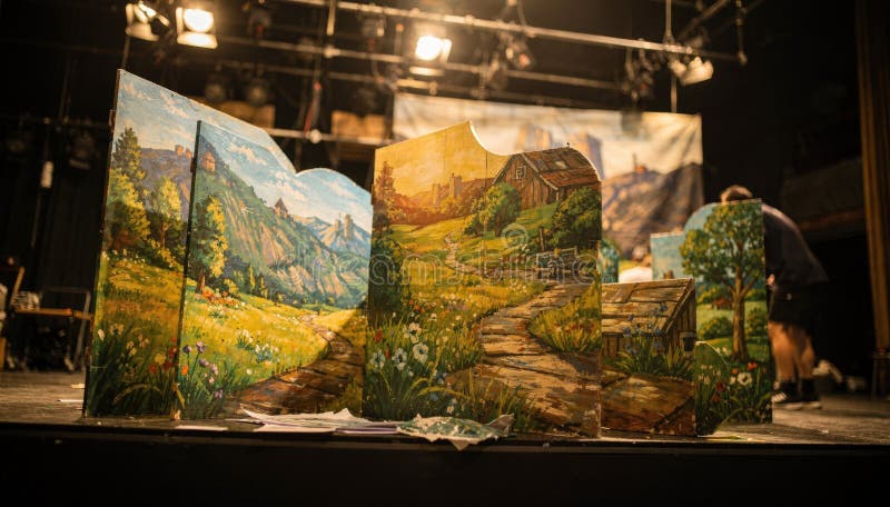Medium shot capturing scenic flats being arranged on stage with the painted surfaces in sharp focus and the surrounding stock image