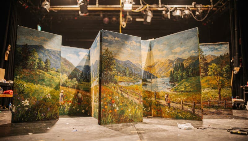 Medium shot capturing scenic flats being arranged on stage with the painted surfaces in sharp focus and the surrounding stock photos