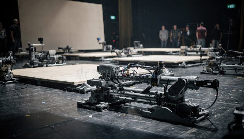 Medium shot capturing the synchronization of multiple robotic stage units sliding scenic flats during scene changes stock photos