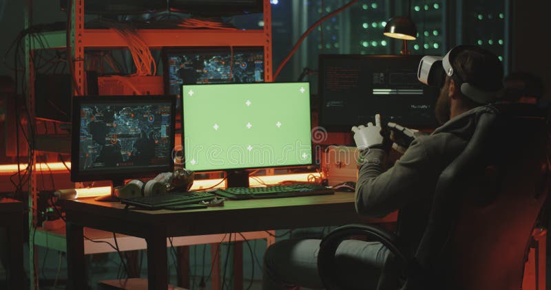 Hackers using VR headset and gloves royalty free stock photos