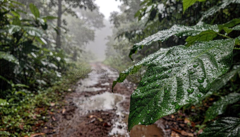Medium shot highlighting a rainy rainforest pathway with raindrops on leaves in sharp detail and background haze royalty free stock photo