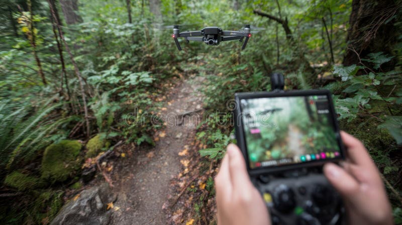 Medium shot showing a drone filming a dynamic walking tour through a forest trail emphasizing immersive video capture of stock photo