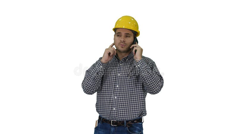 Construction worker using smartphone on white background. stock photos