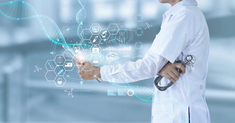 Medizindoktor, der elektronischen Ärzte und Rekord Tablette hält. DNA. digitales Gesundheitsfürsorge und Netzwerkverbindung auf Ho