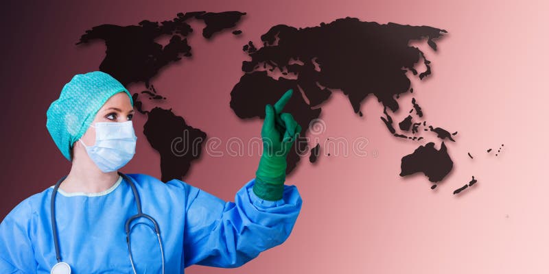 Female medical docotr background is a world map. Female medical docotr background is a world map