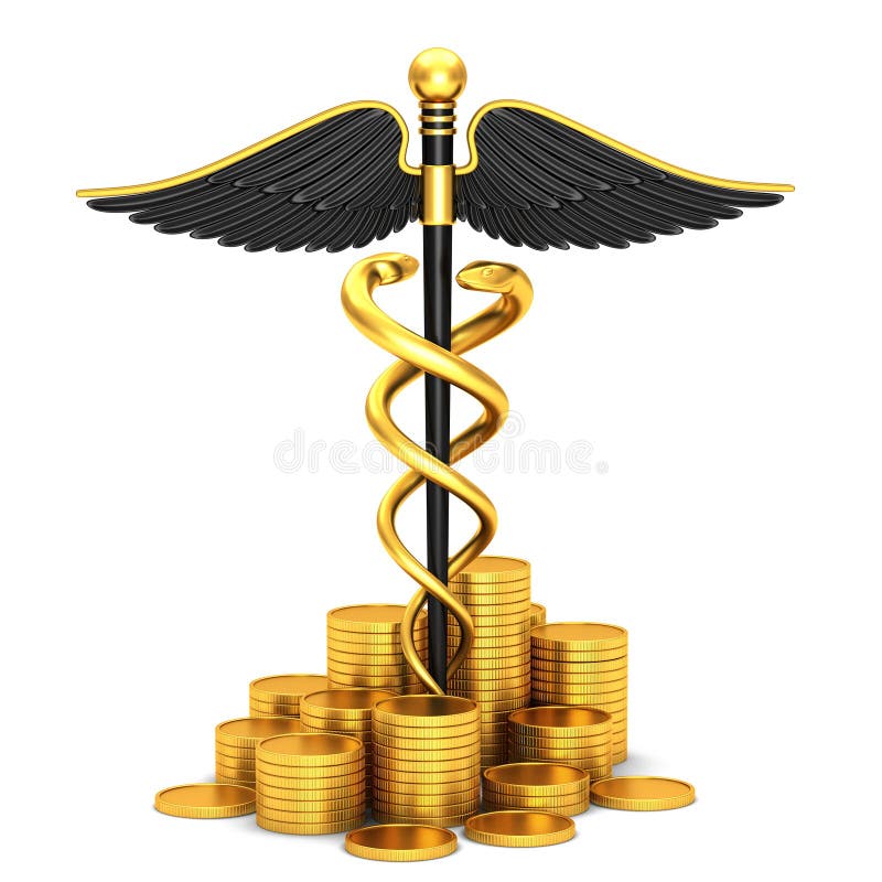 Medizinisches Symbol des schwarzen Caduceus und Goldmünzen vektor abbildung Medizinisches Symbol des schwarzen Caduceus und Goldmünzen vektor abbildung